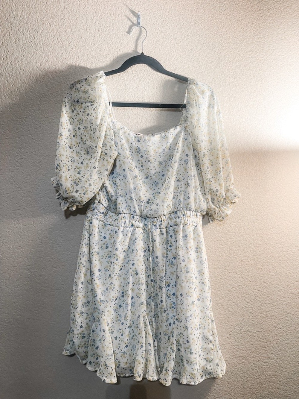 miami Cream Floral Puff-Sleeve Mini Dress with Blue Accents